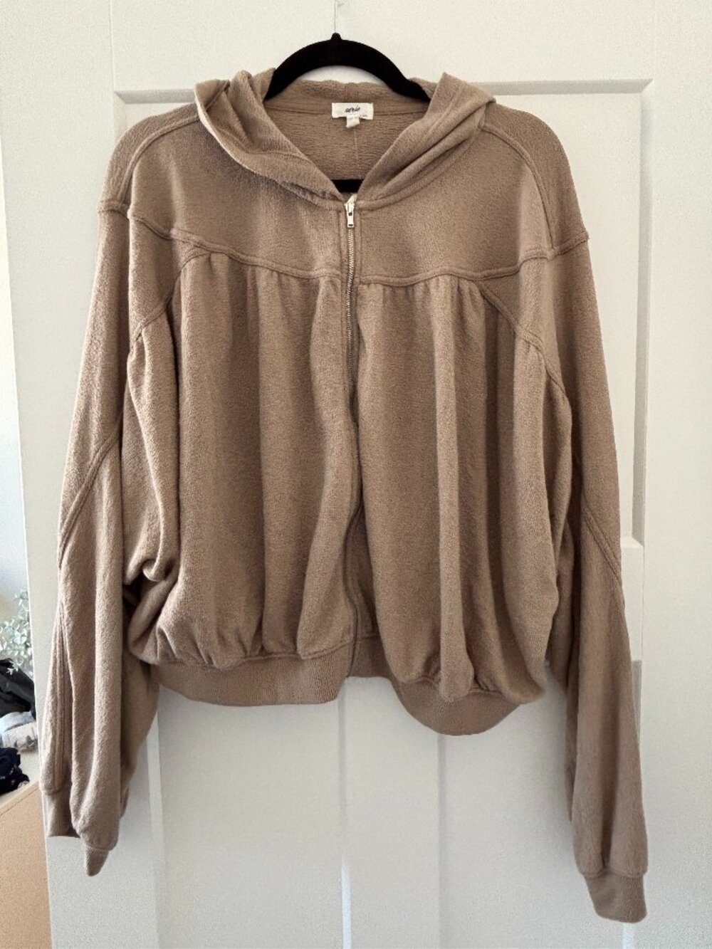 Aerie Oversized Zip Hoodie Taupe Soft Fleece